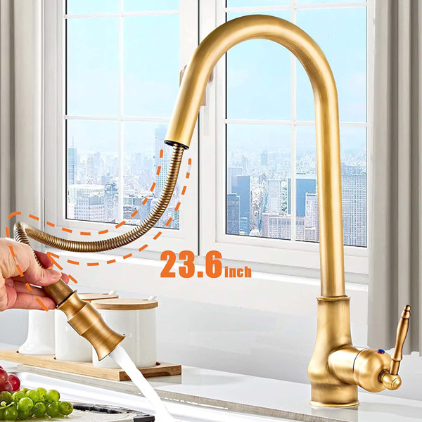 Senlesen Antique Brass Kitchen Faucet Pull Down Sprayer Single Handle Swivel Spout Mixer ...
